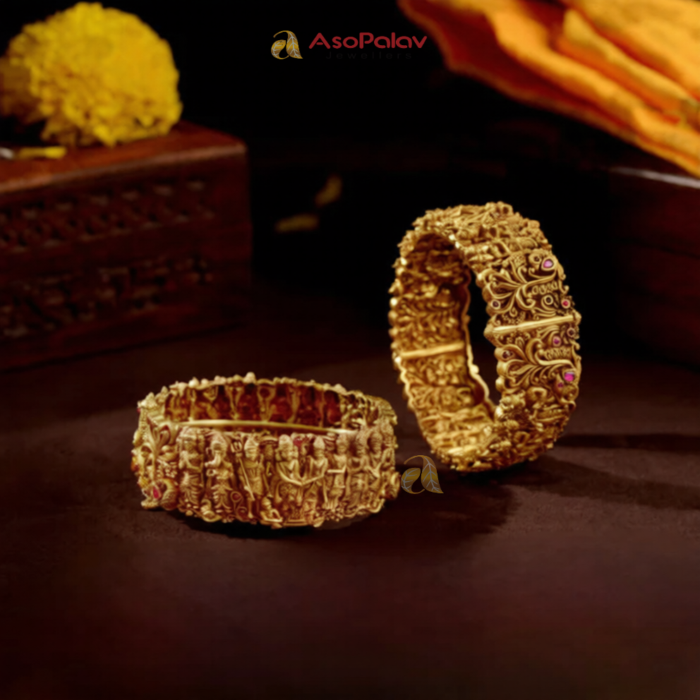 22K Heritage Temple Gold Kada with Ruby Accents